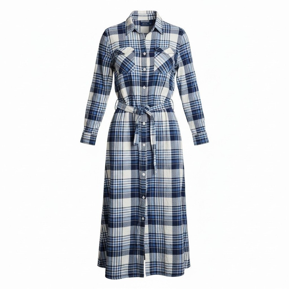 Polo Ralph Lauren Blue White Plaid Cotton Flannel Belted Shirt Dress Size 14